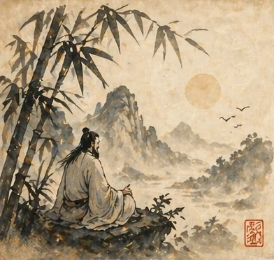 Ink-wash illustration of a seated seeker beside bamboo, looking over mountains and open sky.