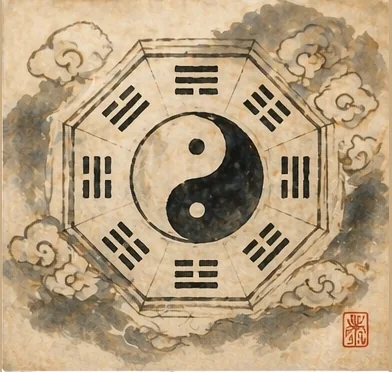 Bagua wheel showing the eight trigrams around a central diagram.