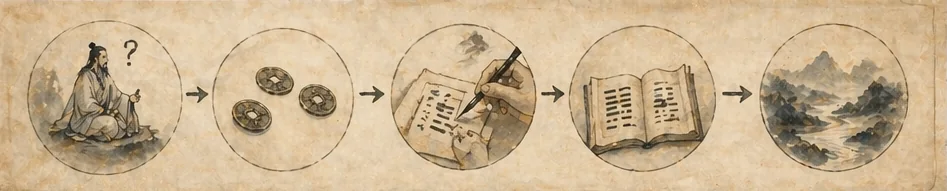 Five-step diagram showing a seeker, the coin cast, recording the result, reading the text, and arriving at a reflective insight.
