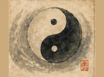 Yin and yang symbol in warm ink-wash style.