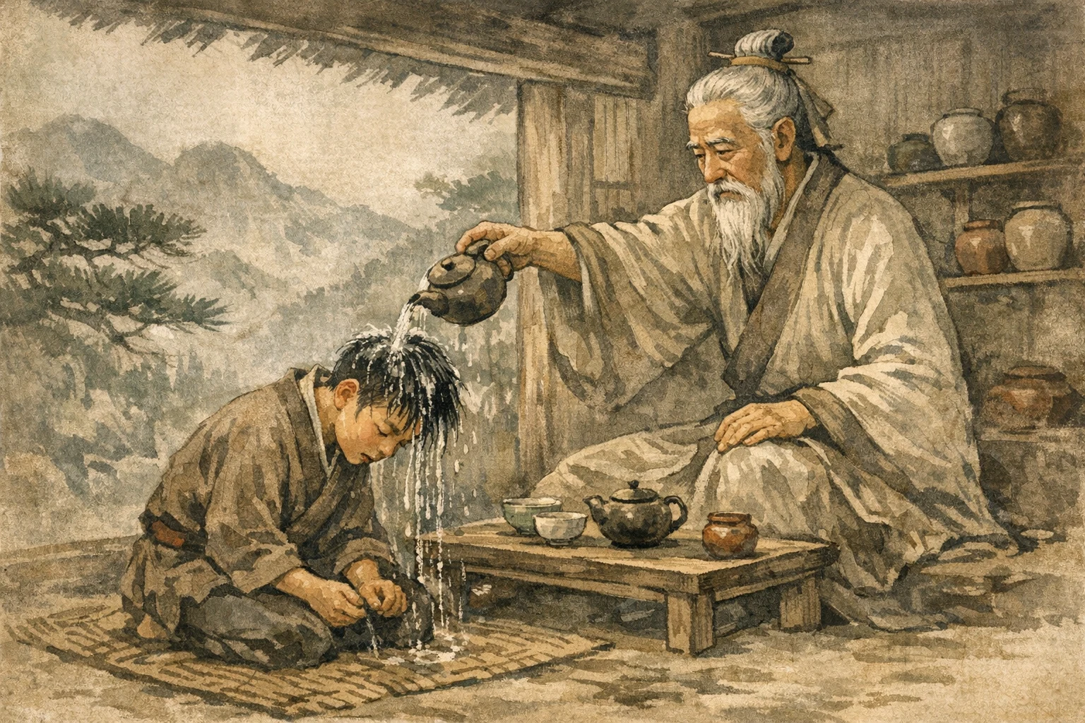 Water On The Head panel 4 for Hexagram 4, Youthful Folly.