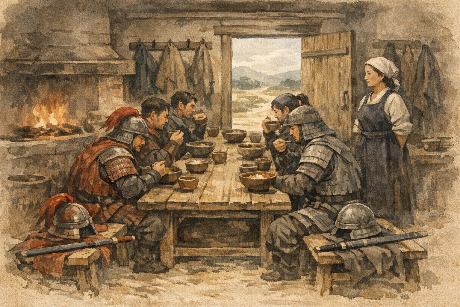 Enemies Share Benches panel 5 for Hexagram 13, Fellowship with People.