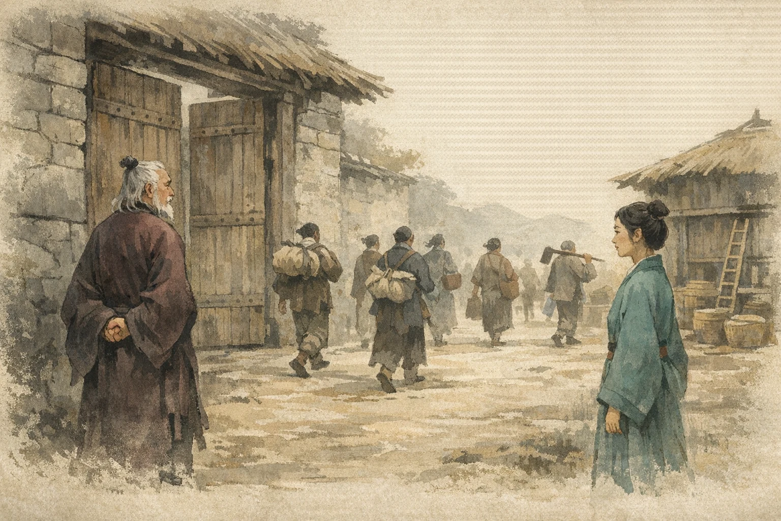 Servants Leaving panel 1 for Hexagram 23, Splitting Apart.