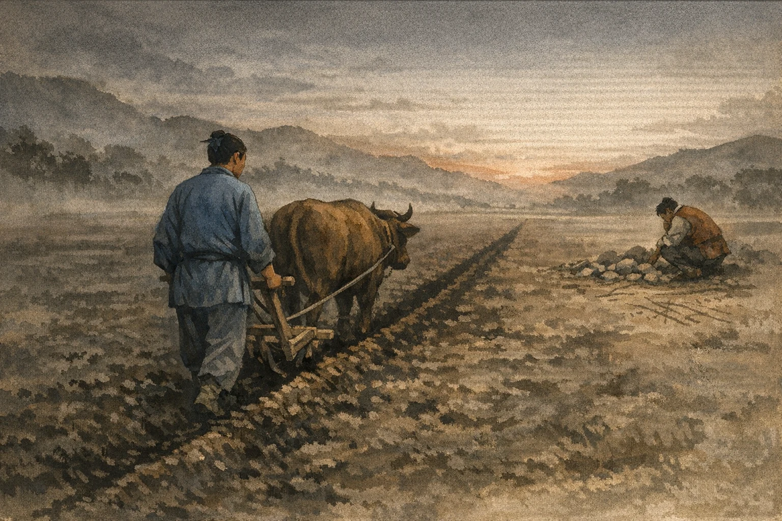 Before Dawn Furrow panel 1 for Hexagram 25, Innocence.