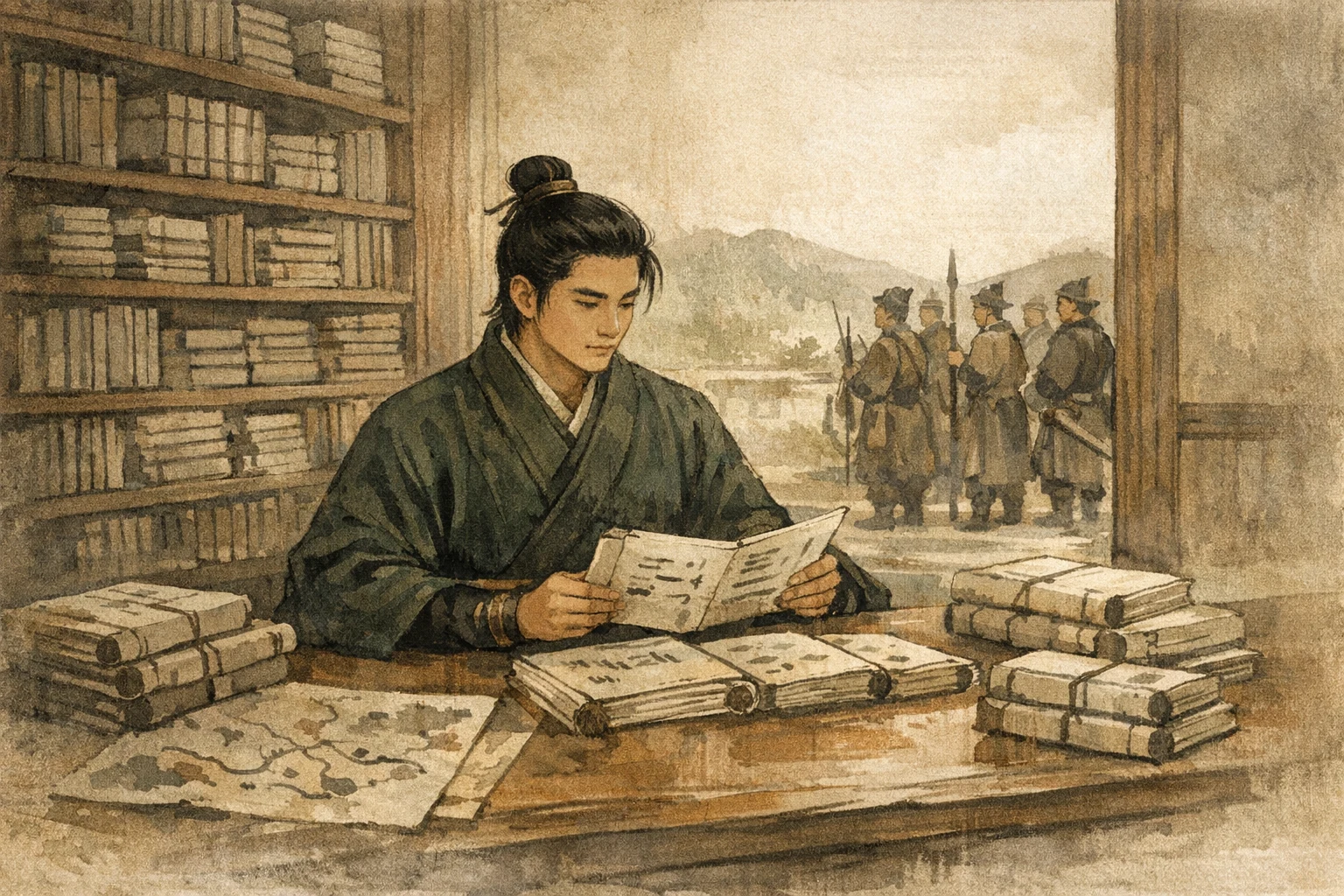 Youth In The Library panel 1 for Hexagram 26, Great Taming.