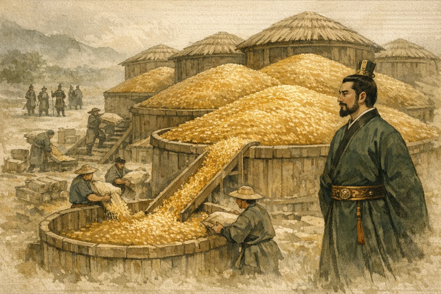 Granaries Before War panel 4 for Hexagram 26, Great Taming.