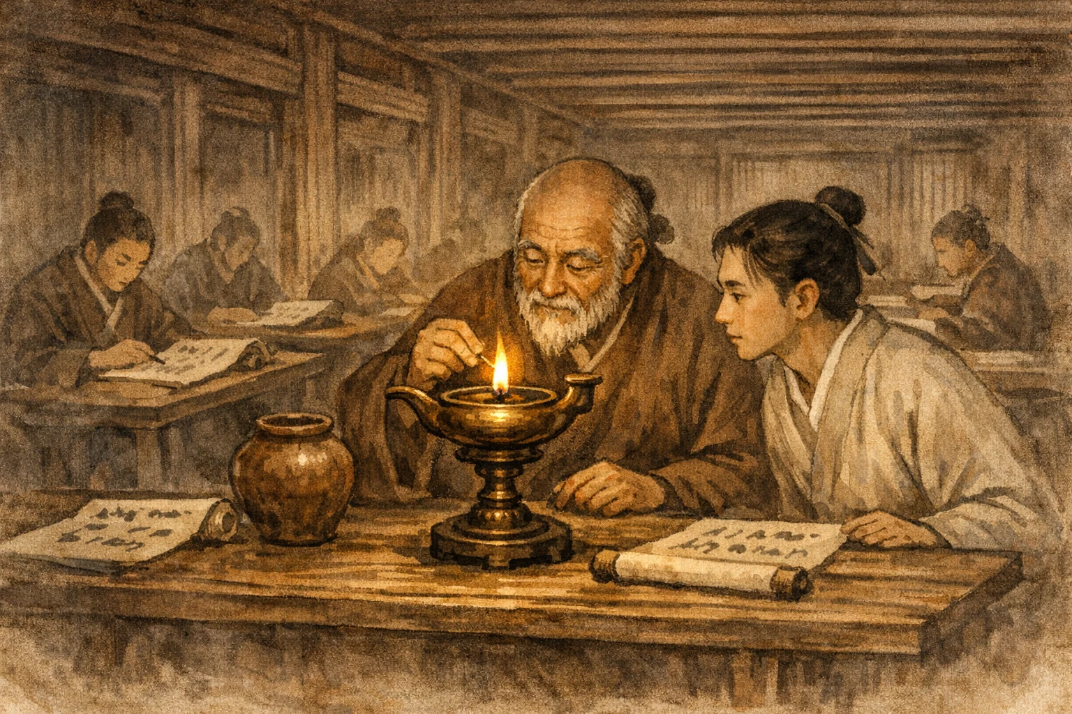 Long Study Hall panel 1 for Hexagram 30, The Clinging.