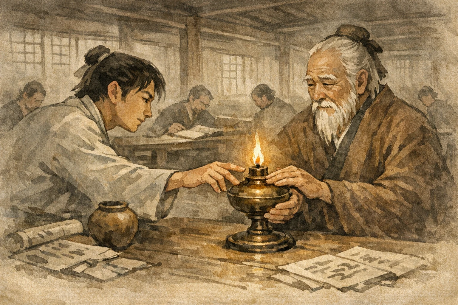 Student Reaches panel 4 for Hexagram 30, The Clinging.