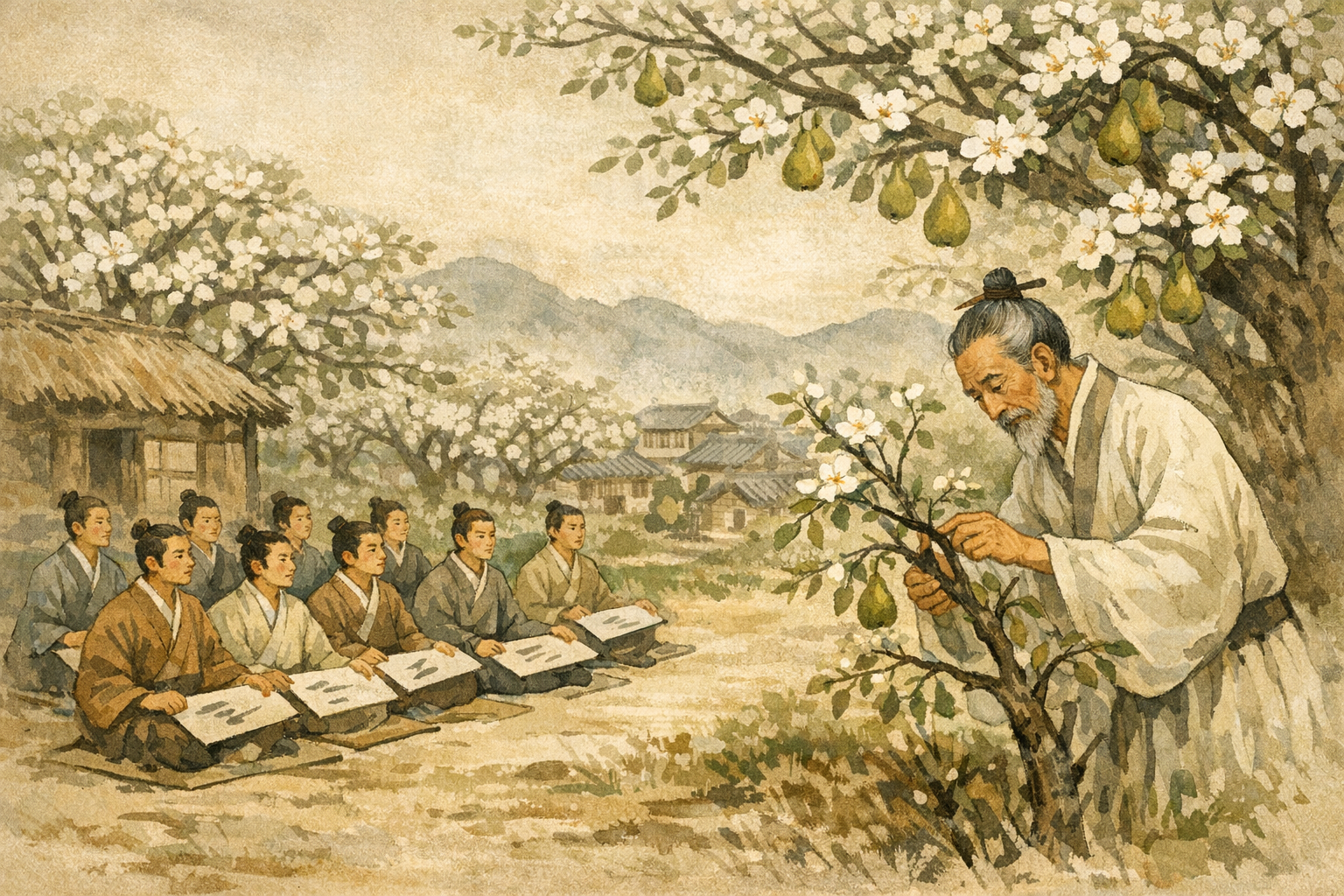 Pears And Students panel 4 for Hexagram 33, Retreat.