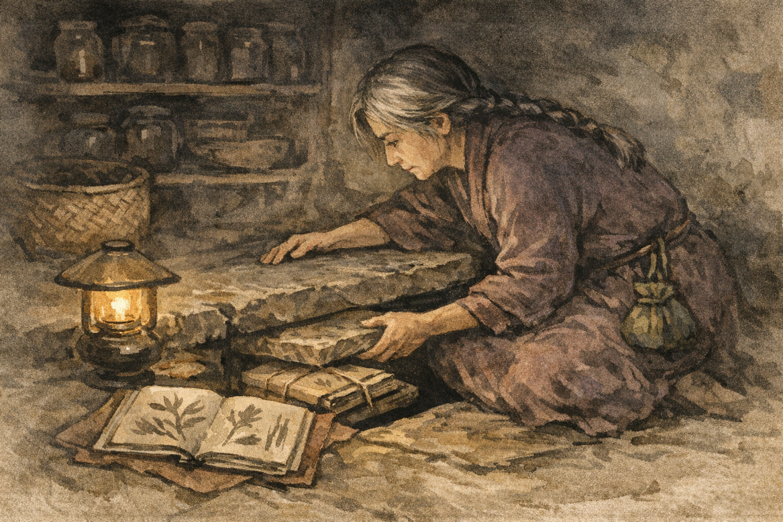 Books Under Hearth panel 2 for Hexagram 36, Darkening of the Light.