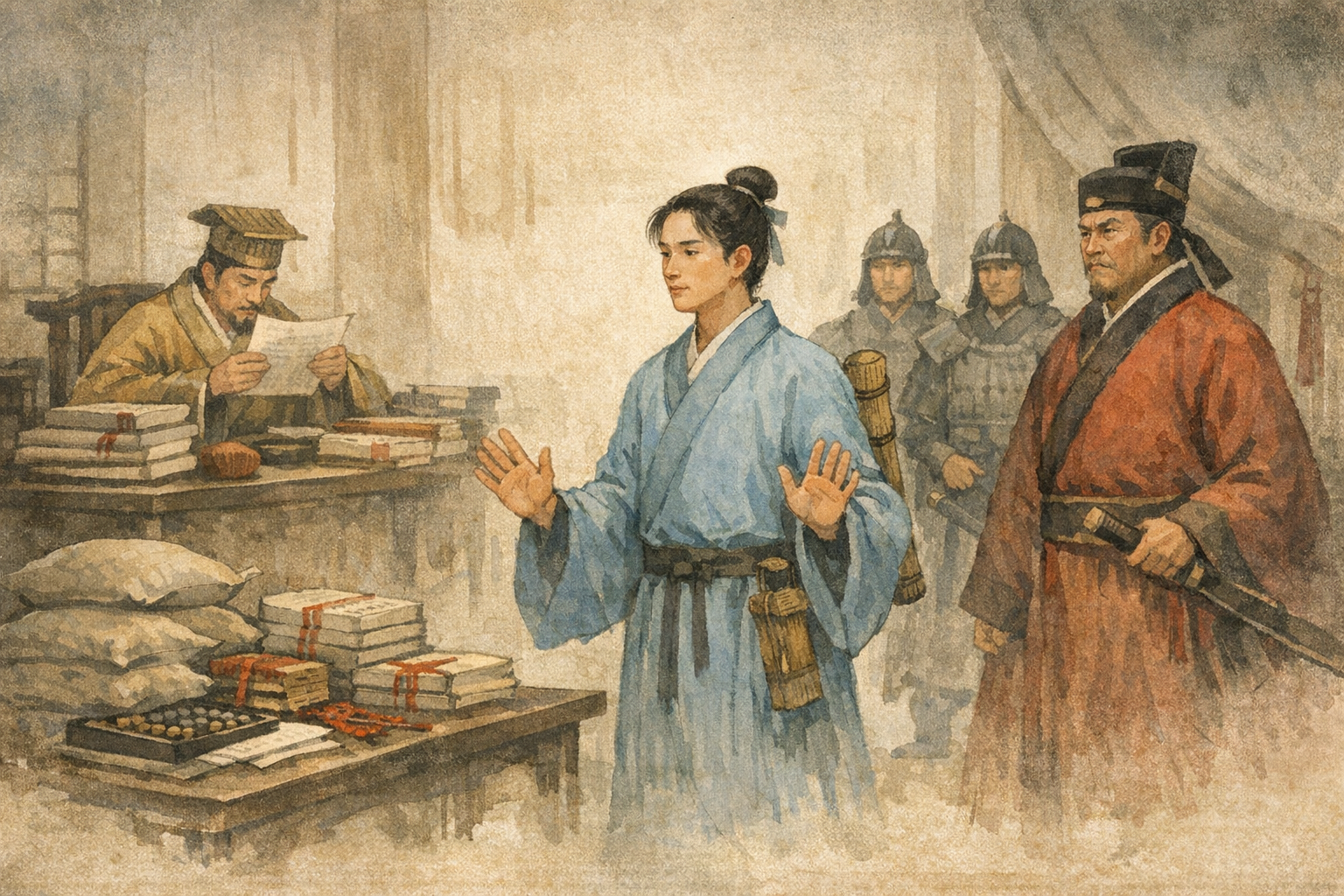 Refusing The Sword panel 5 for Hexagram 43, Breakthrough.