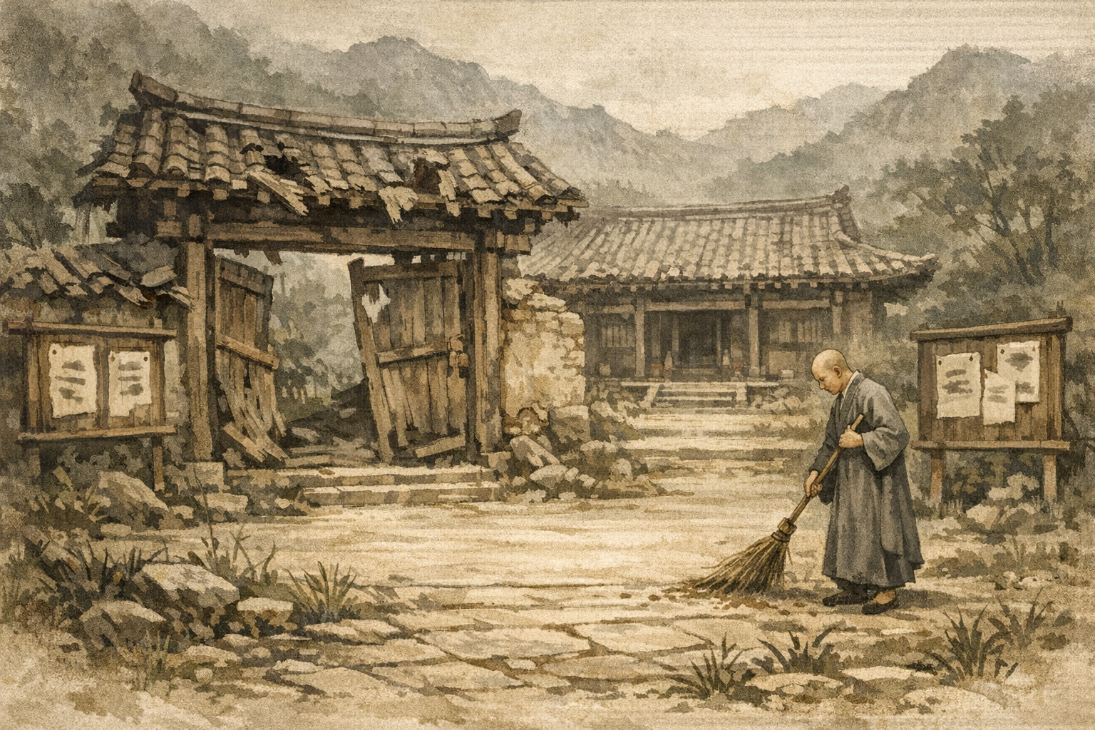 Half-Abandoned Temple panel 1 for Hexagram 45, Gathering Together.