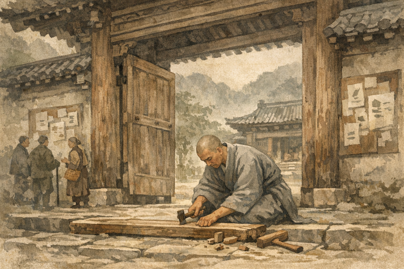 Gate Rebuilt panel 2 for Hexagram 45, Gathering Together.