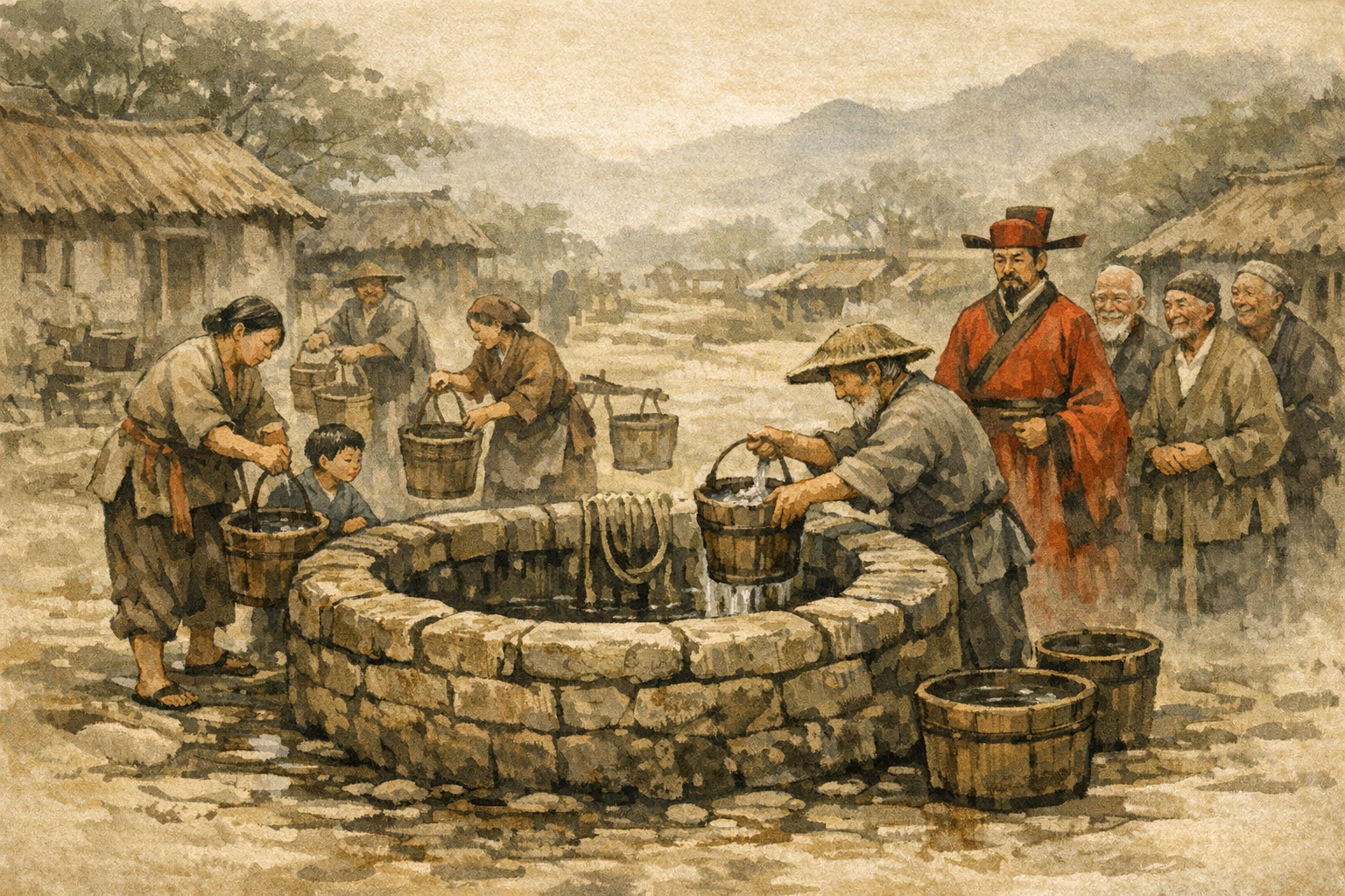 Old Shared Well panel 1 for Hexagram 48, The Well.