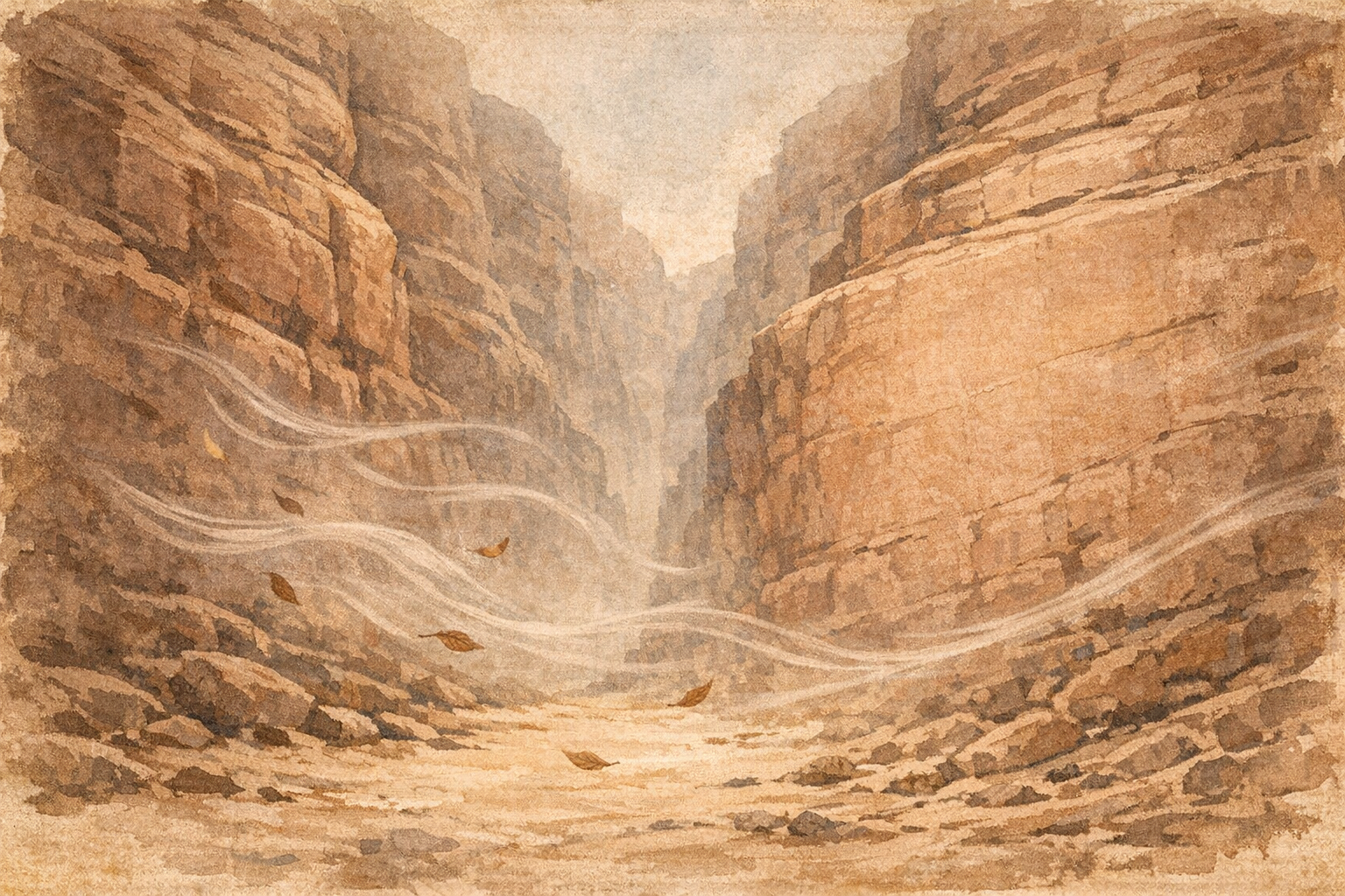 Wind Enters Canyon panel 1 for Hexagram 57, The Gentle.