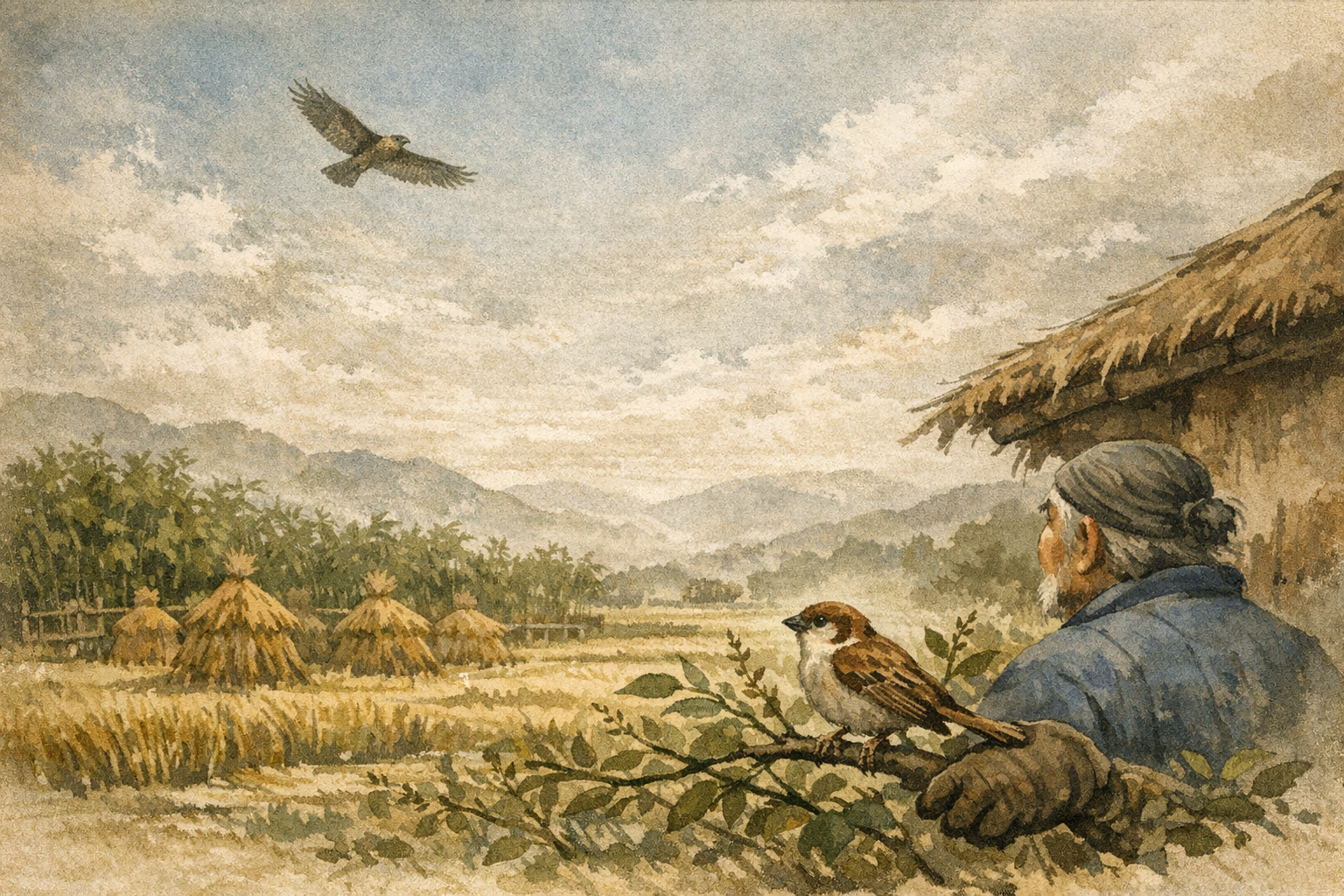 Hawk Above panel 1 for Hexagram 62, Preponderance of the Small.