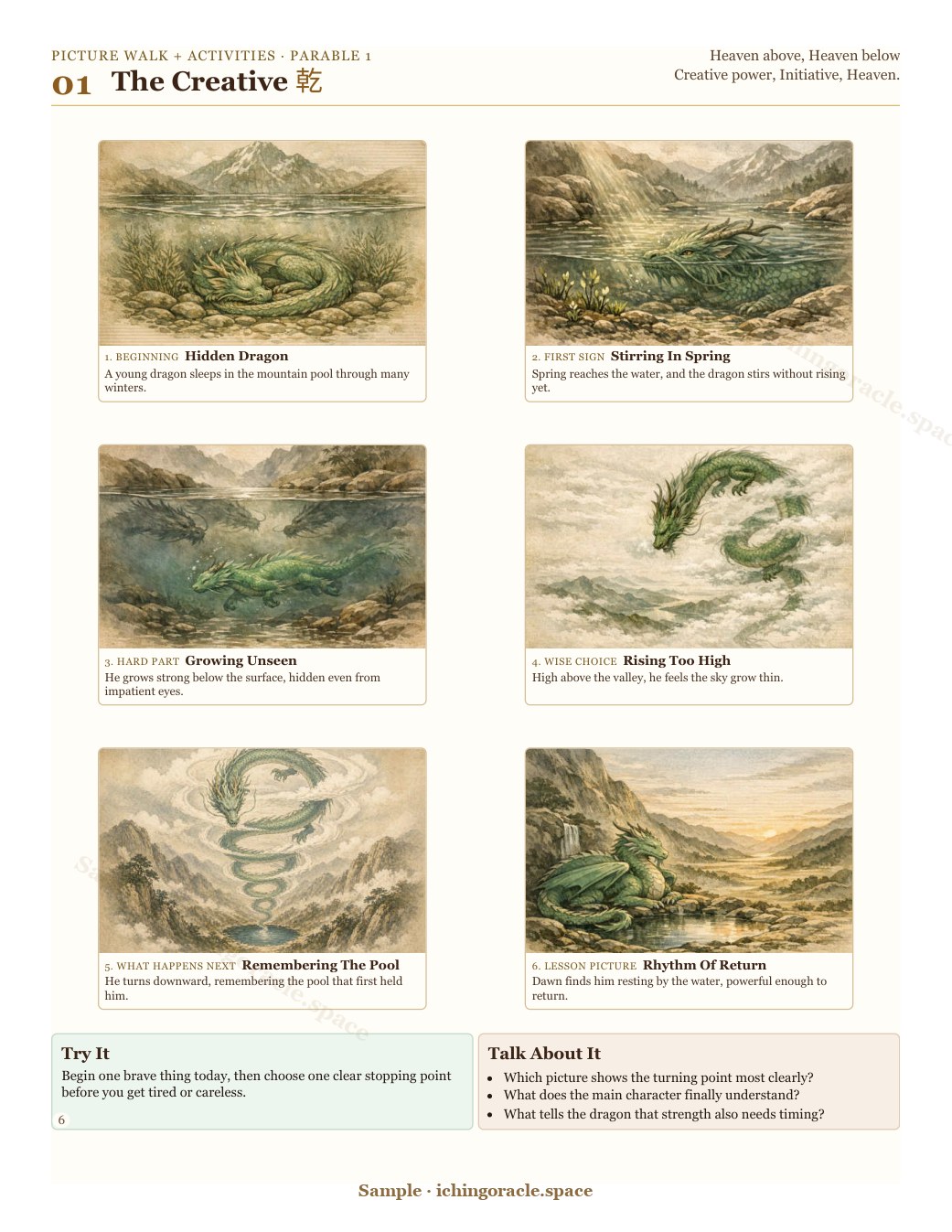 Picture walk and activity page from Parable 1 in I-Ching Parables.