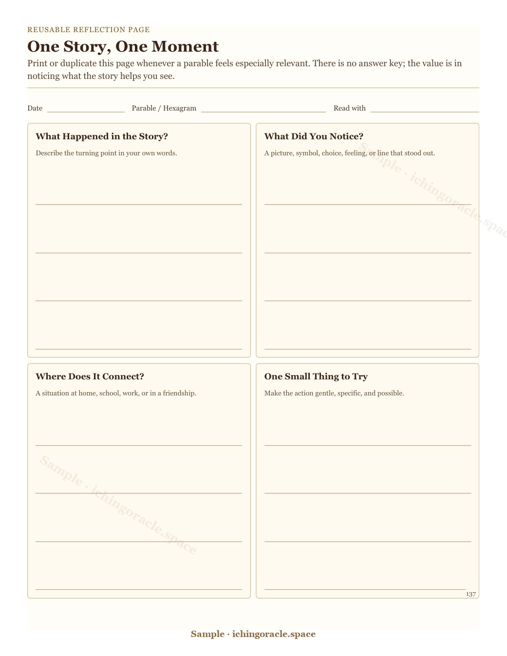 Reusable reflection page from I-Ching Parables.